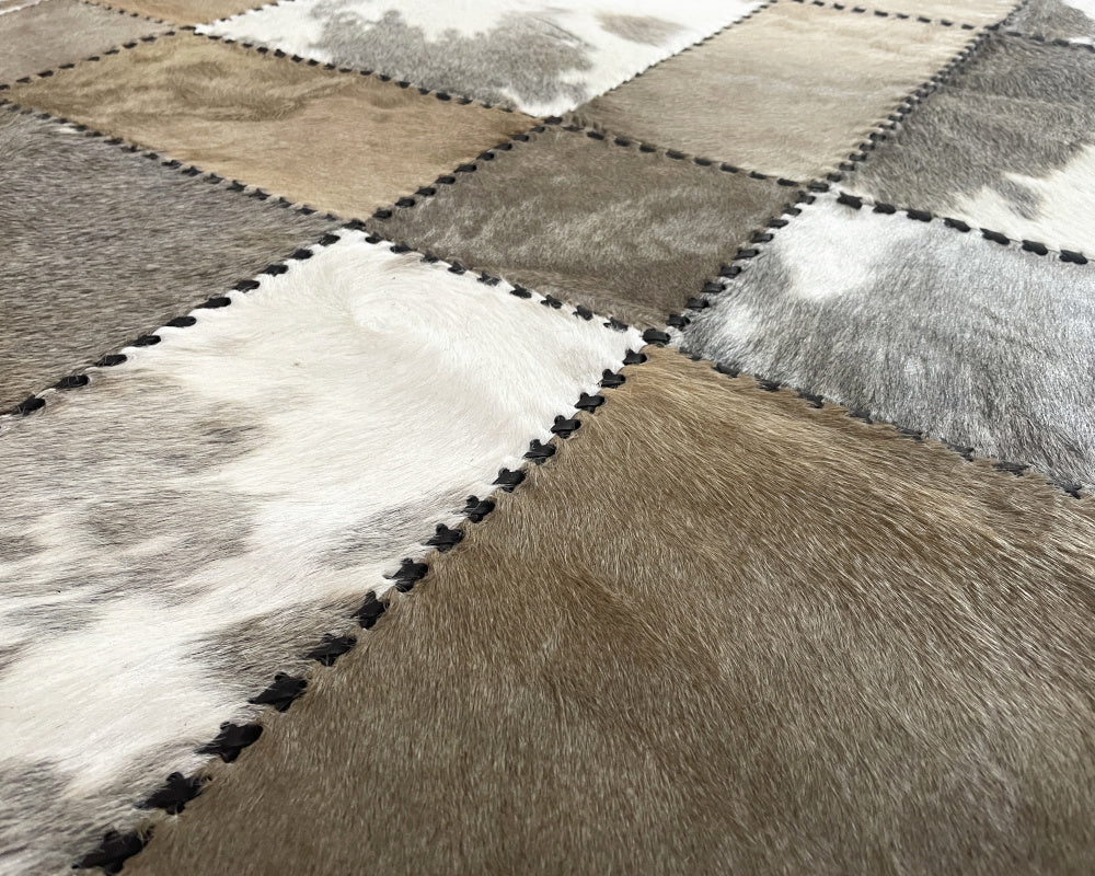 Greige & White Cowhide Rug – Hand-Laced Spotted Patchwork Area Rug