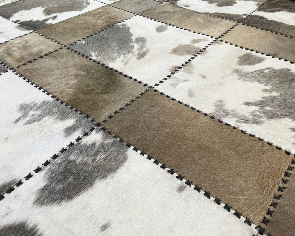 Greige & White Cowhide Rug – Hand-Laced Spotted Patchwork Area Rug
