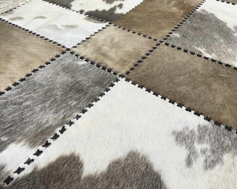 Greige & White Cowhide Rug – Hand-Laced Spotted Patchwork Area Rug