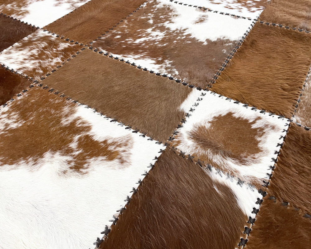 Honey Brown & White Cowhide Rug – Hand-Laced Spotted Patchwork Area Rug