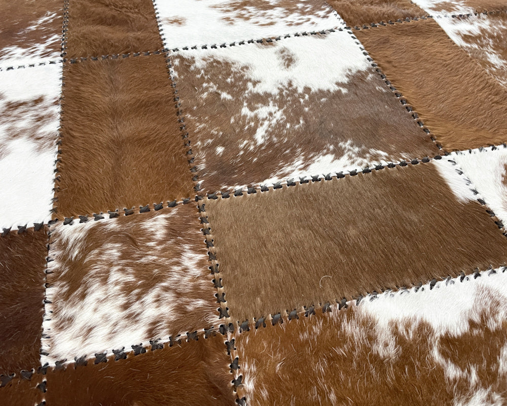Honey Brown & White Cowhide Rug – Hand-Laced Spotted Patchwork Area Rug