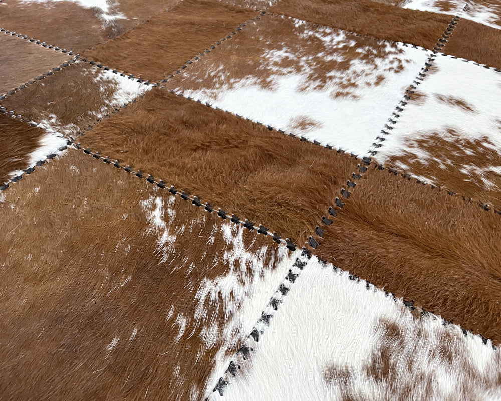 Honey Brown & White Cowhide Rug – Hand-Laced Spotted Patchwork Area Rug
