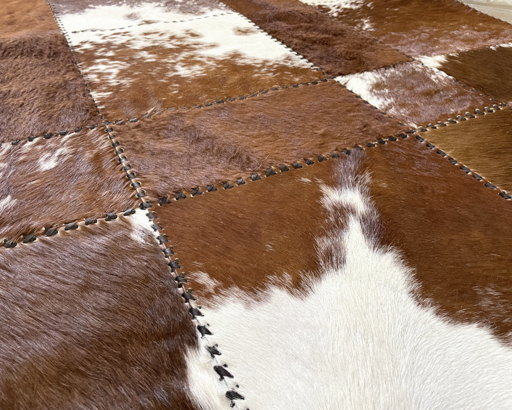 Honey Brown & White Cowhide Rug – Hand-Laced Spotted Patchwork Area Rug