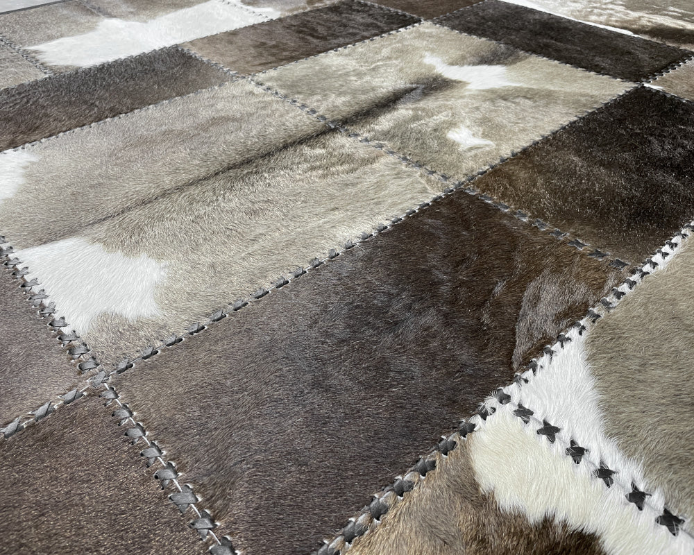 Graphite Grey & Ivory Cowhide Rug – Hand-Laced Geometric Patchwork Area Rug