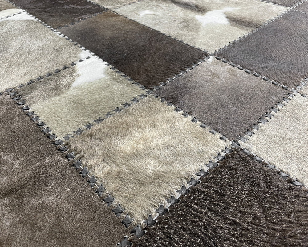 Graphite Grey & Ivory Cowhide Rug – Hand-Laced Geometric Patchwork Area Rug