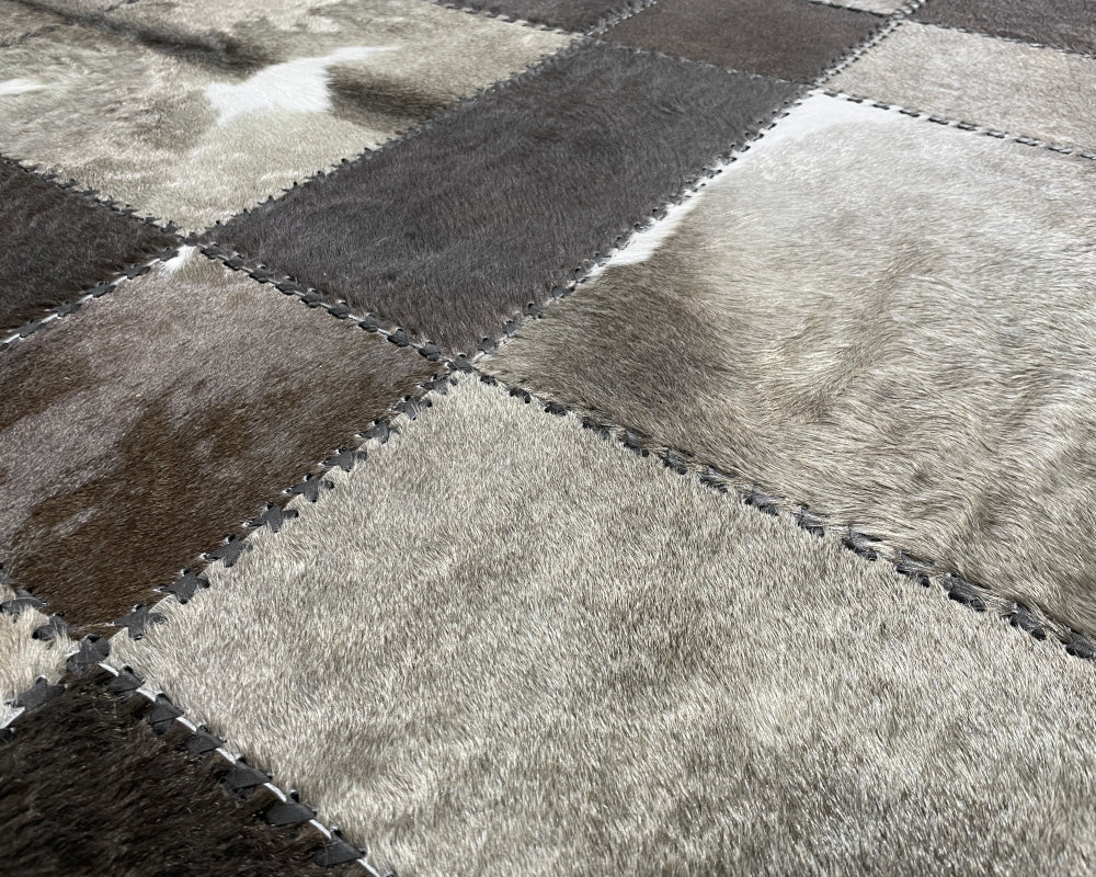 Graphite Grey & Ivory Cowhide Rug – Hand-Laced Geometric Patchwork Area Rug