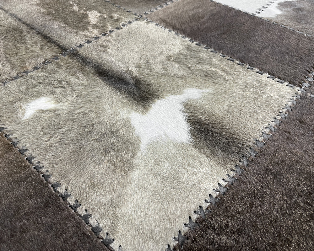 Graphite Grey & Ivory Cowhide Rug – Hand-Laced Geometric Patchwork Area Rug