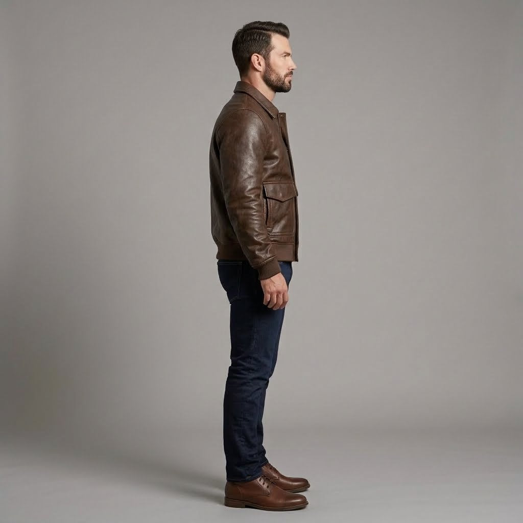 Side Profile view of the Men’s Genuine Leather Bomber Jacket with Cuffs & Pockets.