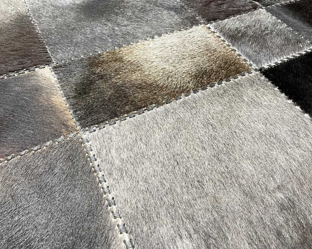Silver Grey Cowhide Rug – Hand-Laced Monochrome Patchwork Area Rug