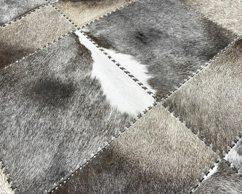 Silver Grey Cowhide Rug – Hand-Laced Monochrome Patchwork Area Rug