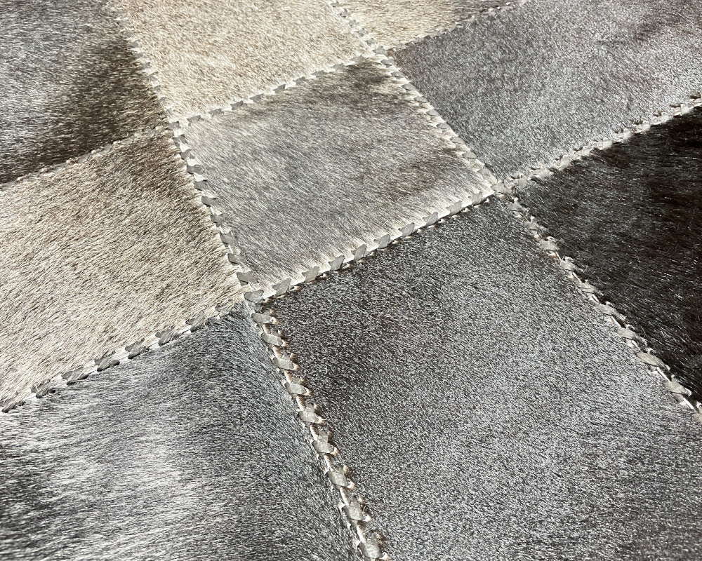 Silver Grey Cowhide Rug – Hand-Laced Monochrome Patchwork Area Rug