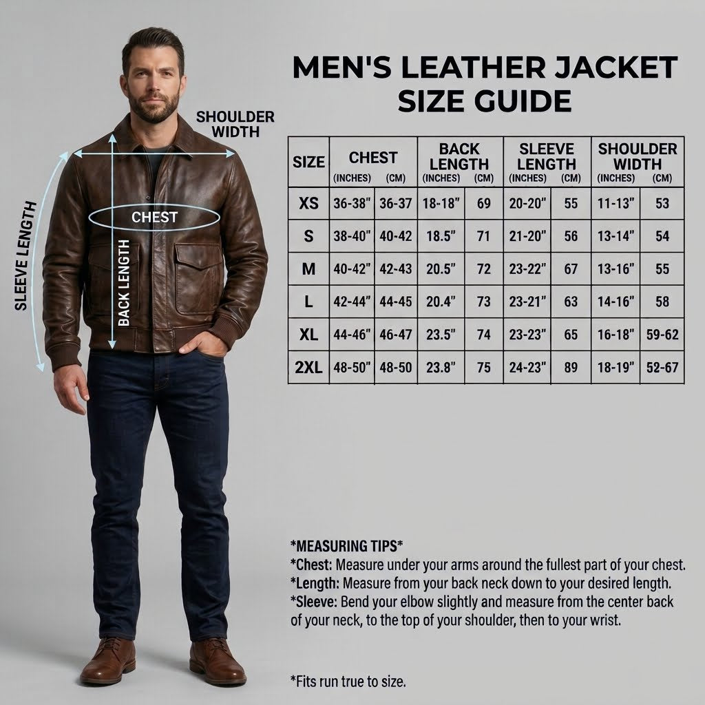 Size Chart view of the Men’s Genuine Leather Bomber Jacket with Cuffs & Pockets.