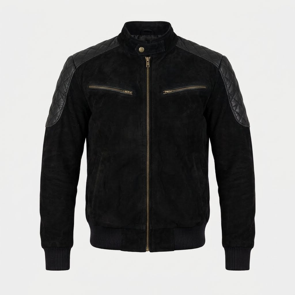 Men’s Leather Bomber Jacket with Quilted Shoulders in black color.
