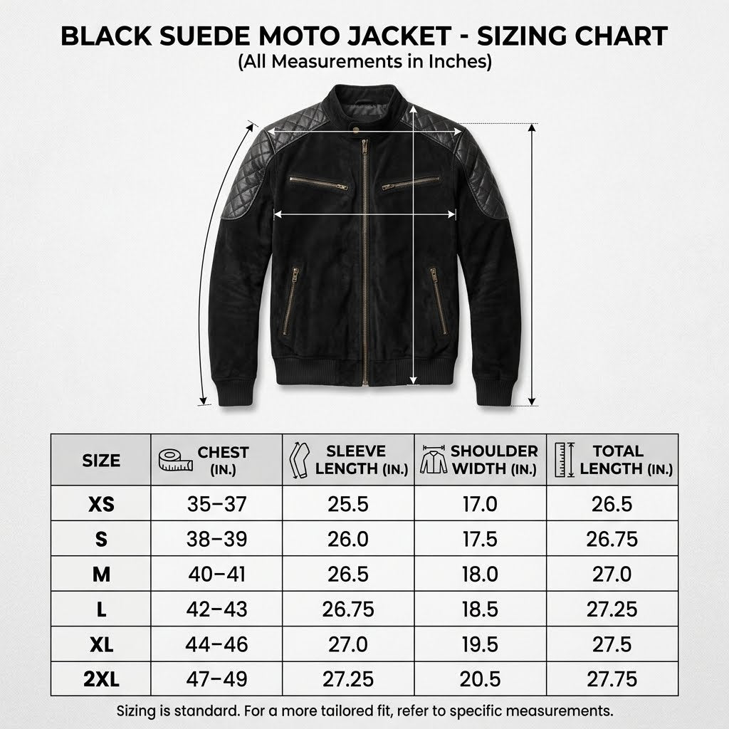 Size chart view of the Men’s Leather Bomber Jacket with Quilted Shoulders.