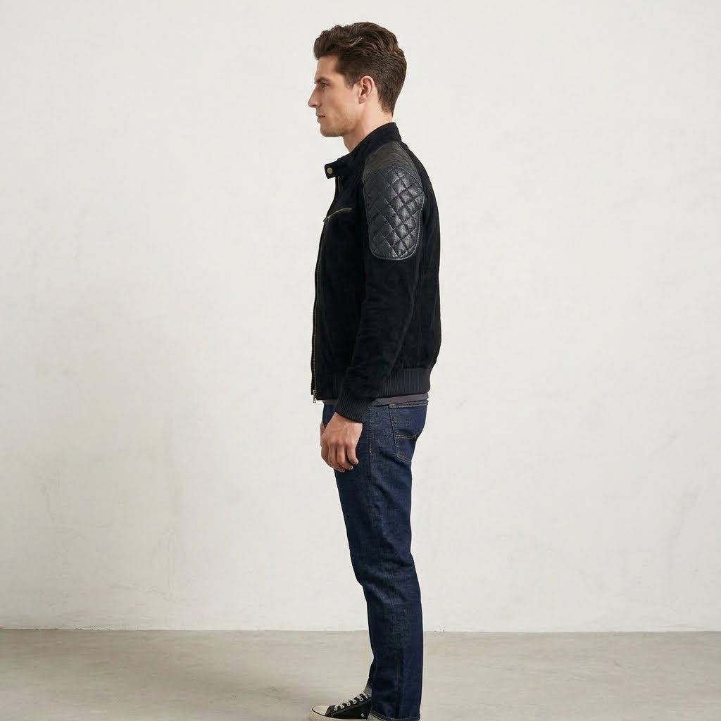 Side profile view of the Men’s Leather Bomber Jacket with Quilted Shoulders.
