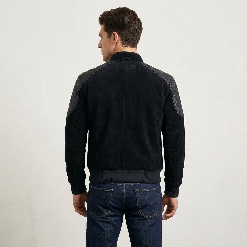 Back view of the Men’s Leather Bomber Jacket with Quilted Shoulders.