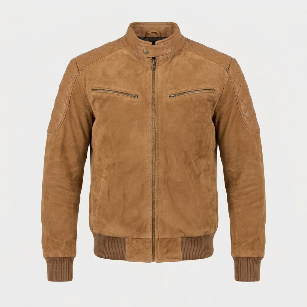 Men’s Leather Bomber Jacket with Quilted Shoulders in tan color.