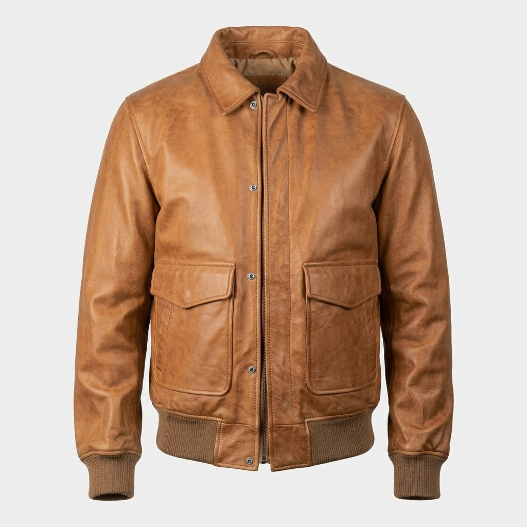 Men’s Genuine Leather Bomber Jacket with Cuffs & Pockets in tan color.