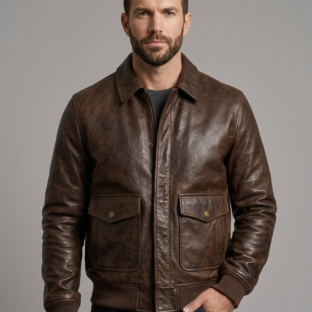 Close up view of the Men’s Genuine Leather Bomber Jacket with Cuffs & Pockets.