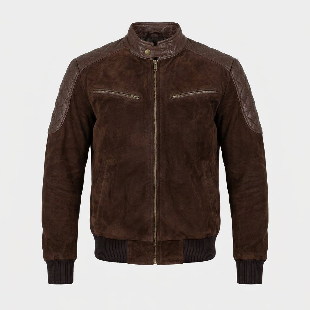 Men’s Leather Bomber Jacket with Quilted Shoulders in brown color.