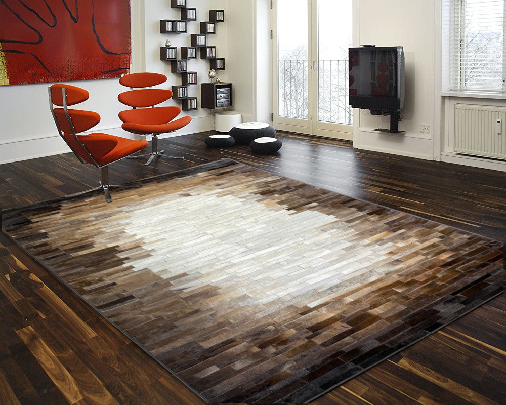 Ivory Center Cowhide Patchwork Rug – Brown Ombre Linear Mosaic Hair on Hide Area Rug