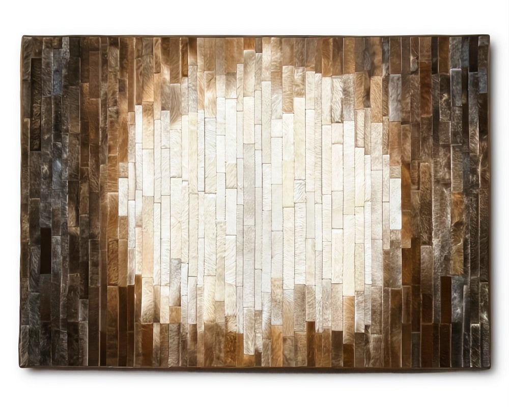 Ivory Halo Cowhide Patchwork Rug – Cream Center & Brown Gradient Vertical Strip Area Rug