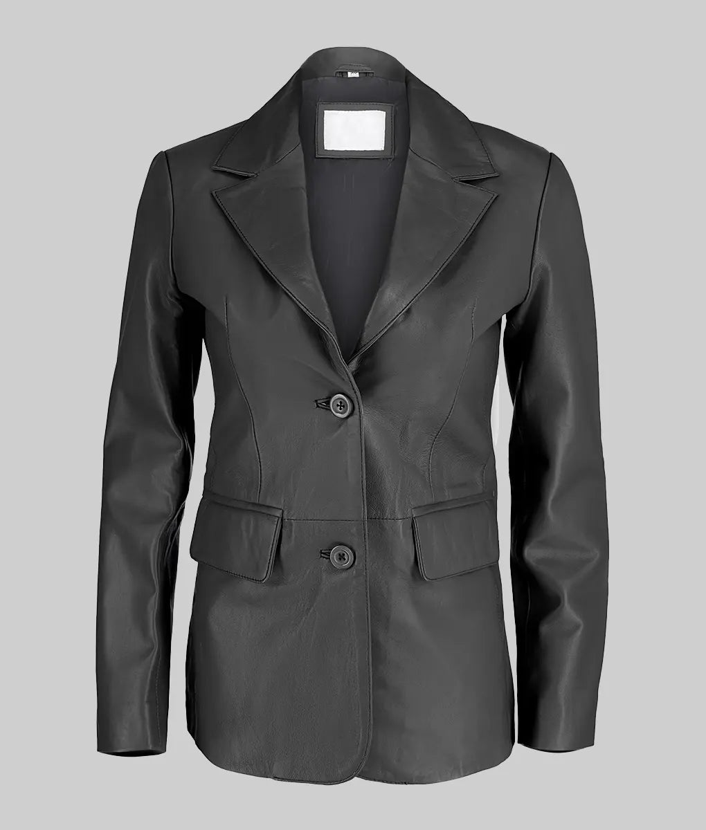 Women Genuine Leather Blazer Jacket, Female's Maroon Two Button Leather Blazer Coat, Lapel Collar Jacket