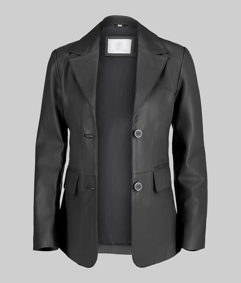 Women Genuine Leather Blazer Jacket, Female's Maroon Two Button Leather Blazer Coat, Lapel Collar Jacket