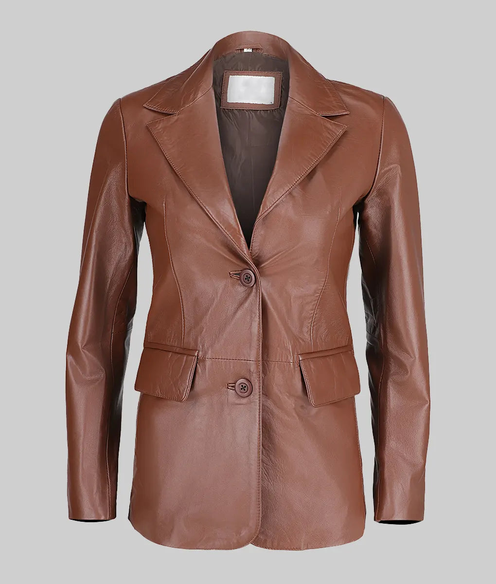 Women Genuine Leather Blazer Jacket, Female's Maroon Two Button Leather Blazer Coat, Lapel Collar Jacket