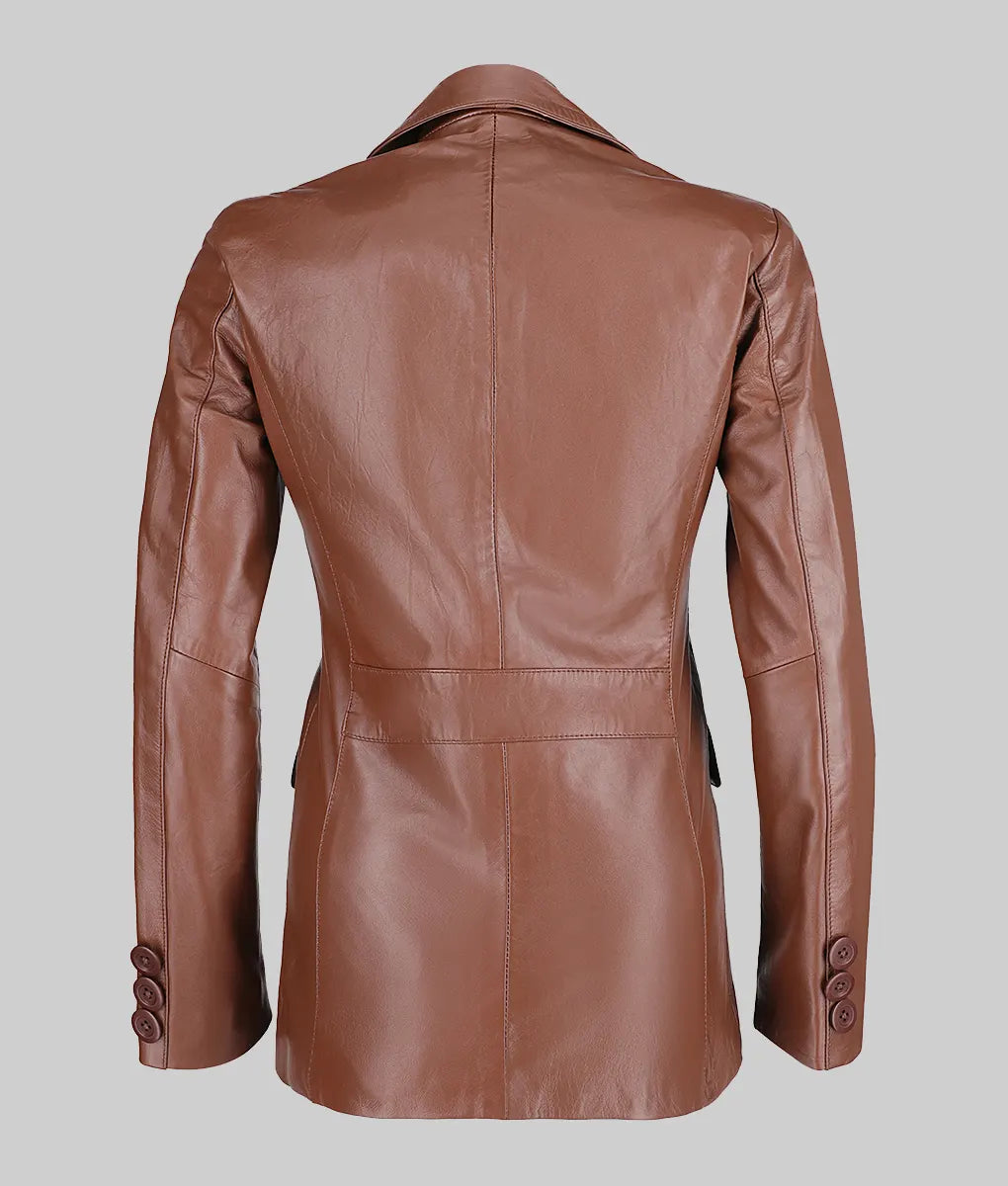 Women Genuine Leather Blazer Jacket, Female's Maroon Two Button Leather Blazer Coat, Lapel Collar Jacket
