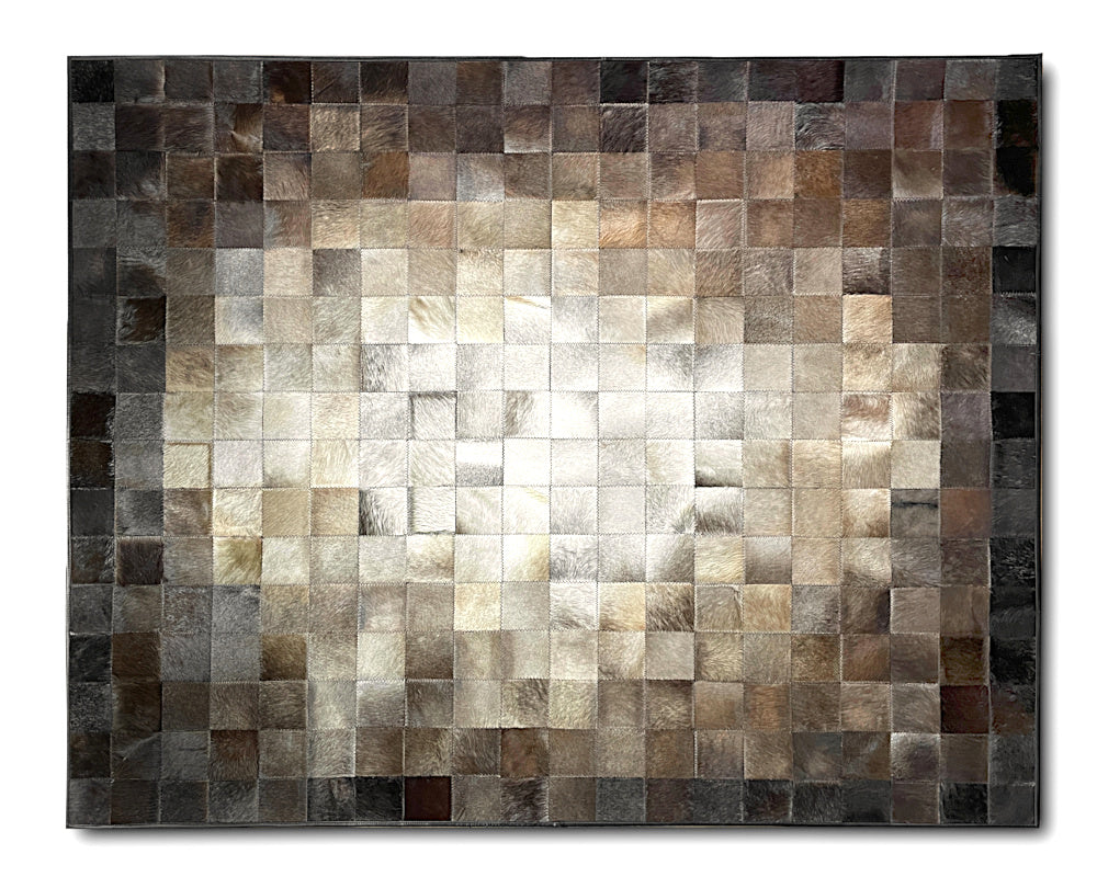 Gradient Mosaic Cowhide Patchwork Rug – Grey Brown & Ivory Hair on Hide Area Rug