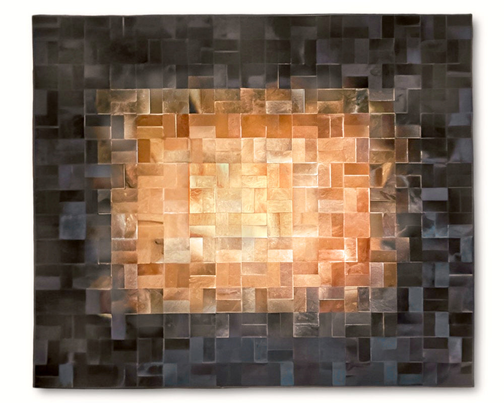 Sunburst Gradient Cowhide Patchwork Rug – Copper Tan & Charcoal Geometric Mosaic Area Rug