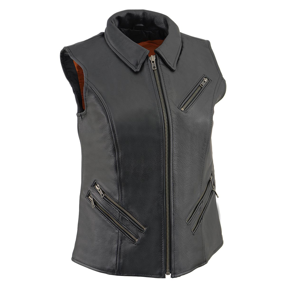 Women’s Shirt Collar Motorcycle Rider Leather Vest - Real Lambskin Leather Vest for Females, Classic Biker Vest