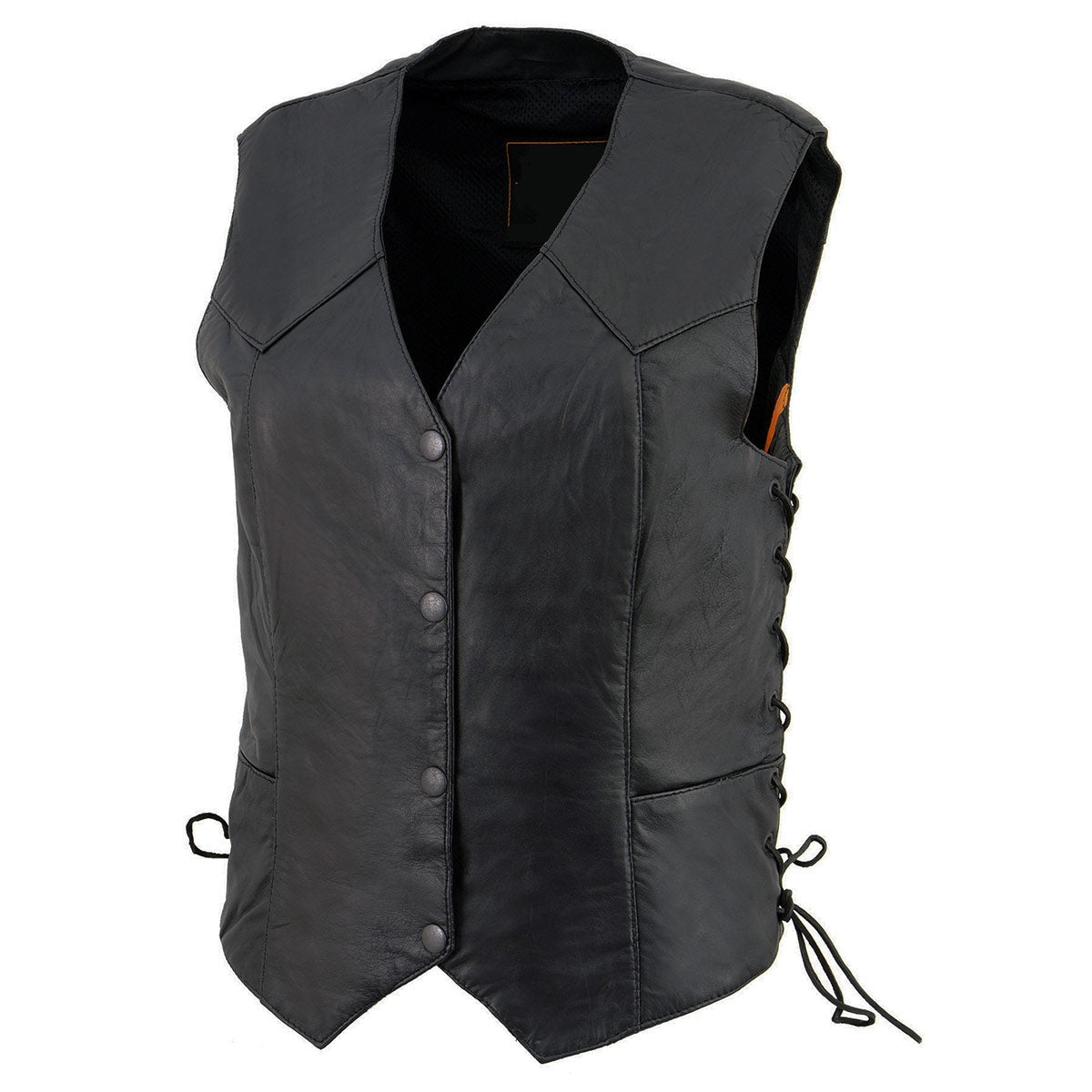 Women's Classic Side Laces Western Motorcycle Rider Leather Vest - Real Lambskin Leather Vest for Females, Classic Biker Vest
