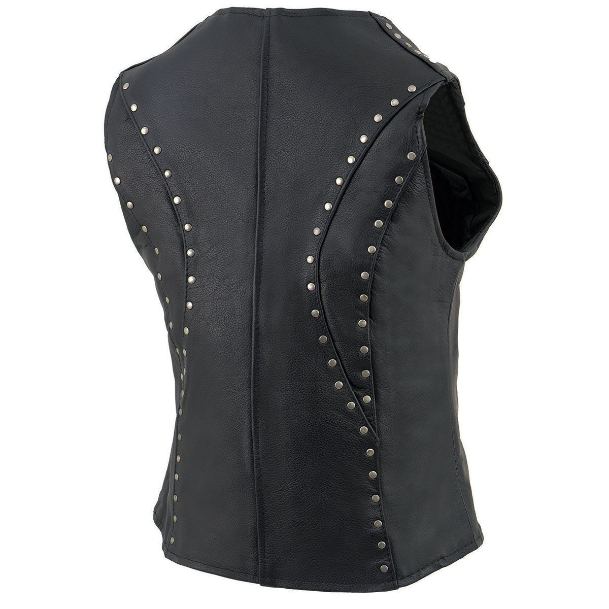 Women's Classic Motorcycle Leather Vest with Studding Details - Real Lambskin Leather Vest for Females, Ladies Biker Vest