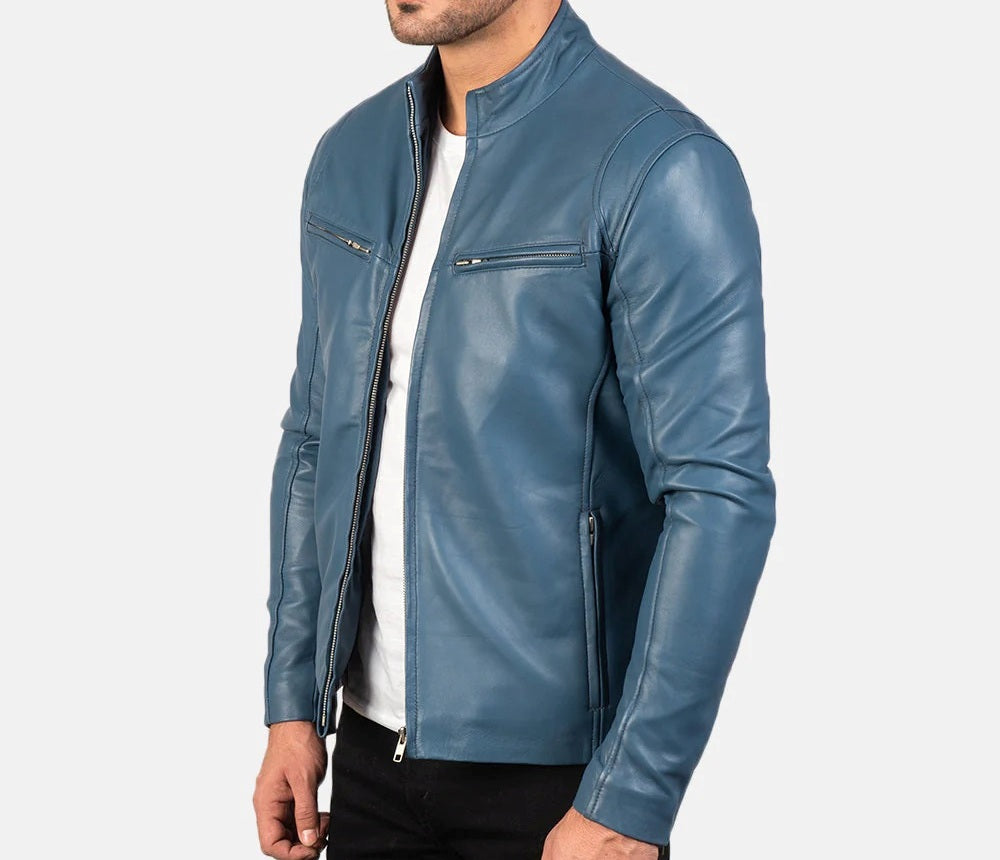 Men's Motorcycle Ionic Blue Leather Jacket - Genuine Lambskin Leather Cafe Racer Jacket - Casual Biker Jacket