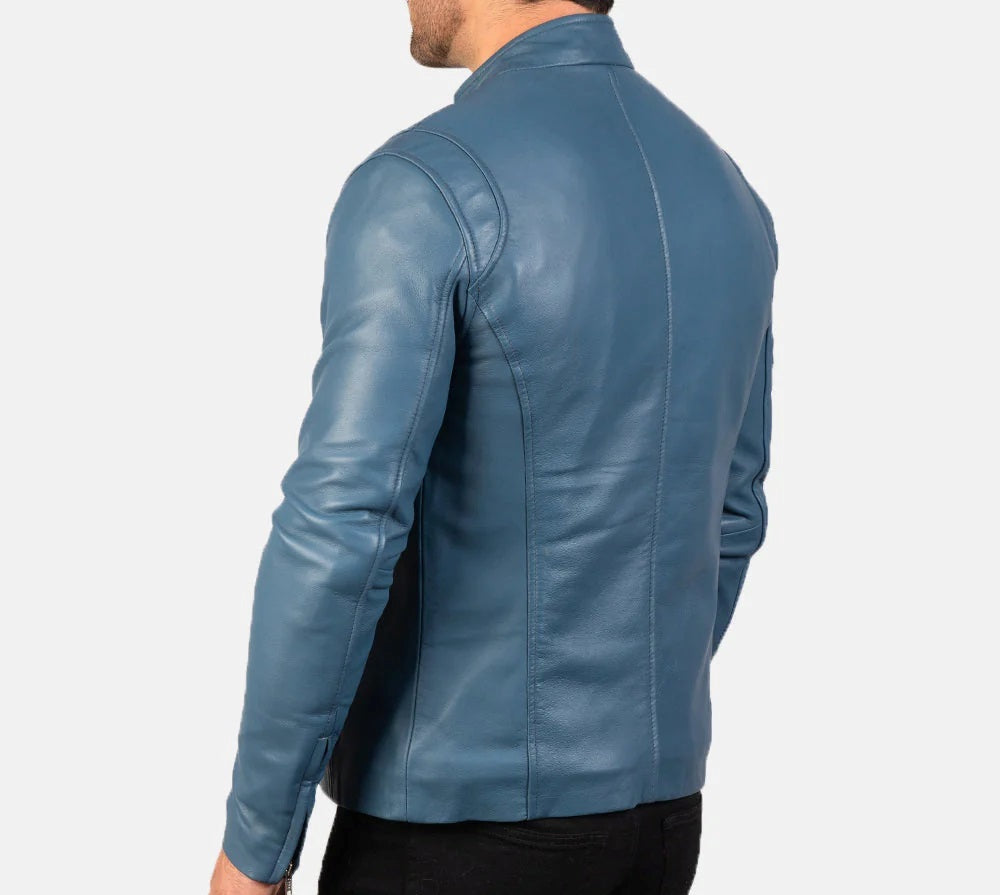 Men's Motorcycle Ionic Blue Leather Jacket - Genuine Lambskin Leather Cafe Racer Jacket - Casual Biker Jacket
