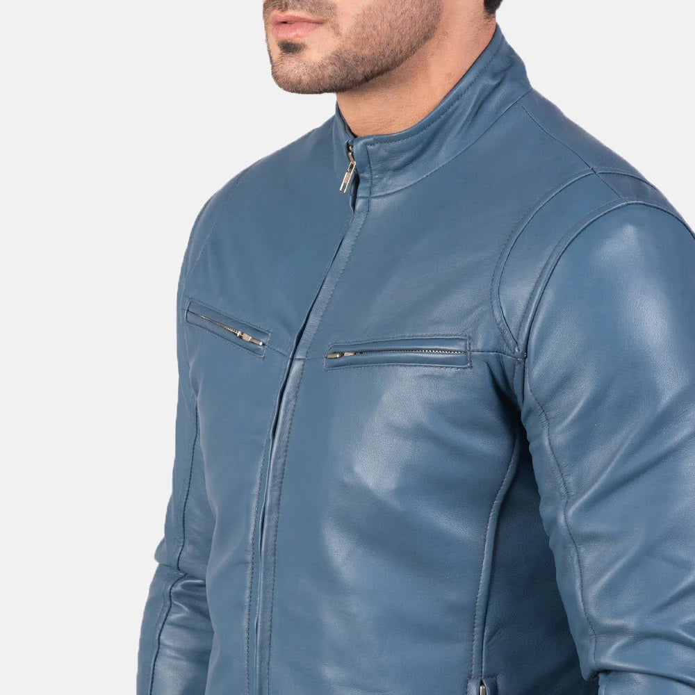 Men's Motorcycle Ionic Blue Leather Jacket - Genuine Lambskin Leather Cafe Racer Jacket - Casual Biker Jacket