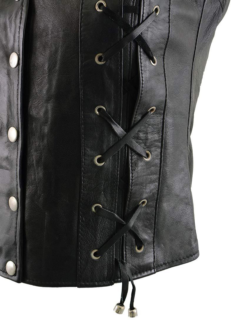 Women's Classic Western Motorcycle Rider Leather Vest with Front Laces - Real Lambskin Leather Vest for Females, Ladies Biker Vest