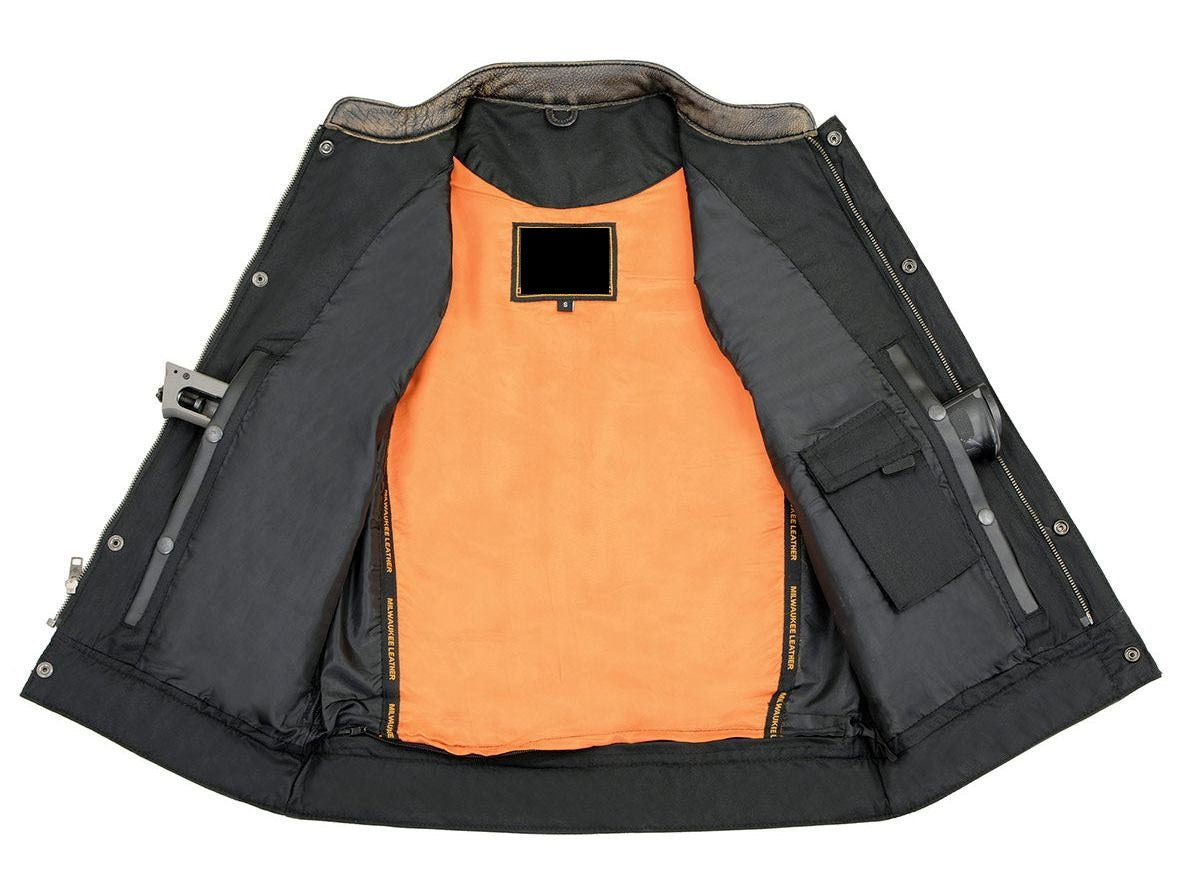 Men's Premium Club Style Leather Vest - Dual Closure Open Neck Motorcycle Vest - Real Leather Biker Vest