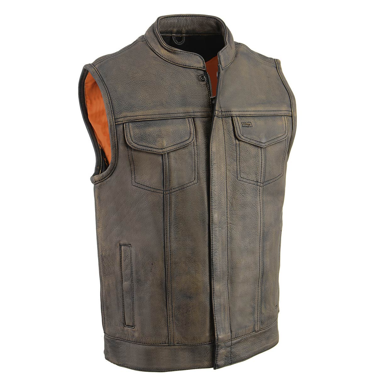 Men's Premium Club Style Leather Vest - Dual Closure Open Neck Motorcycle Vest - Real Leather Biker Vest
