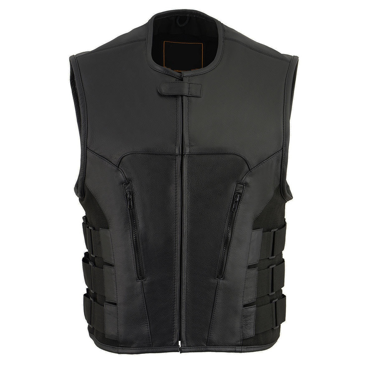 Men's Swat Style Rider Leather Vest - Round Collarless Biker Vest - Real Leather Waistcoat