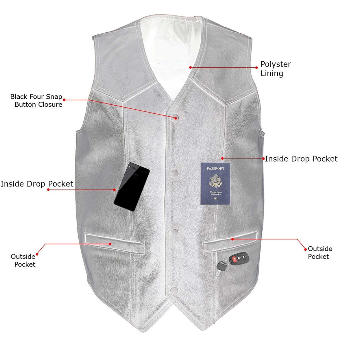 'Classy' Leather Motorcycle Rider Vest with Snap Button Closure - Biker V-Shape Neck Waistcoat