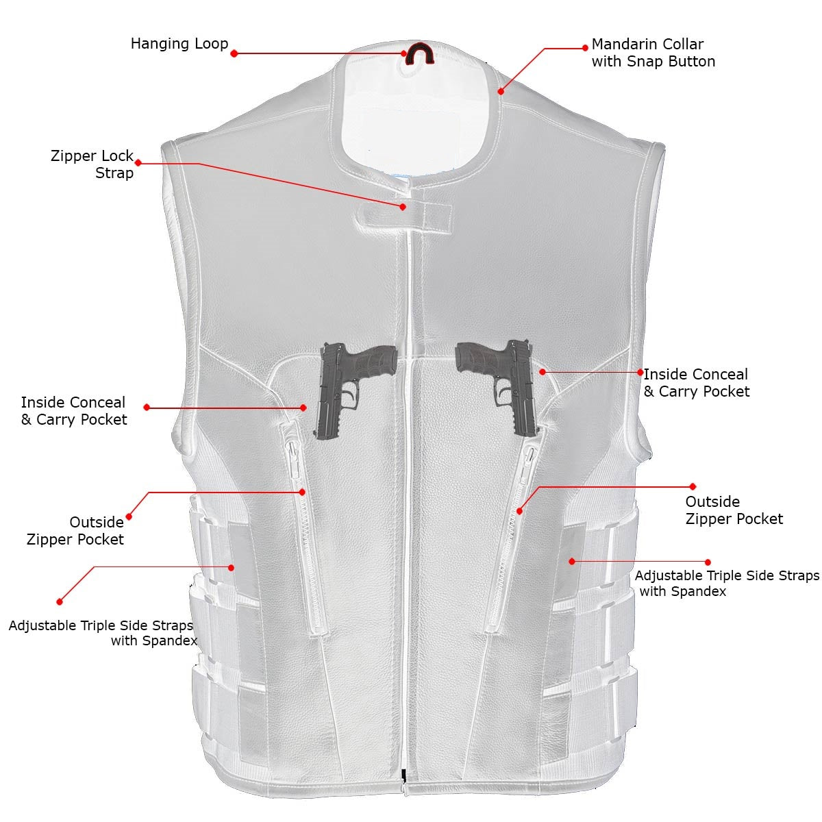 Men's Swat Style Rider Leather Vest - Round Collarless Biker Vest - Real Leather Waistcoat