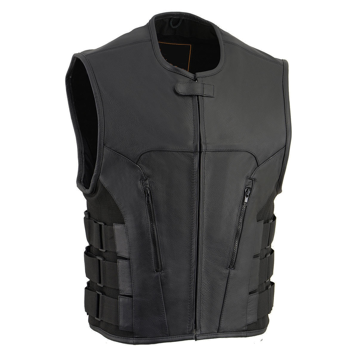Men's Swat Style Rider Leather Vest - Round Collarless Biker Vest - Real Leather Waistcoat