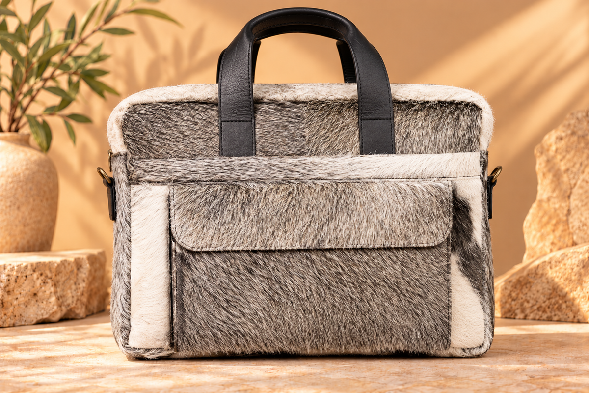 Cowhide Laptop Briefcase Bag | Natural Cowhide Office Satchel Bag | Cowhide Messenger Bag | Cowhide File Bag | Documents Bag | OB27