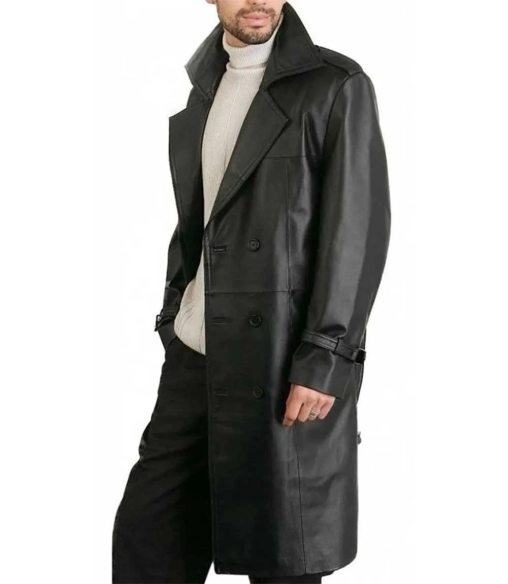 Men's Leather Winter Trench Coat - Classic Style, Genuine Leather, Belted Double Breasted Coat