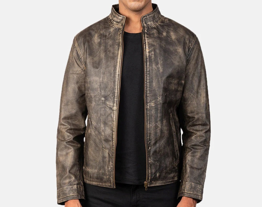 Men's Motorcycle Distressed Brown Leather Jacket - Genuine Lambskin Leather Cafe Racer Jacket - Casual Biker Jacket