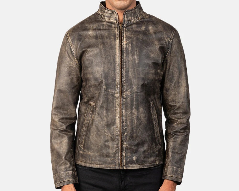 Men's Motorcycle Distressed Brown Leather Jacket - Genuine Lambskin Leather Cafe Racer Jacket - Casual Biker Jacket