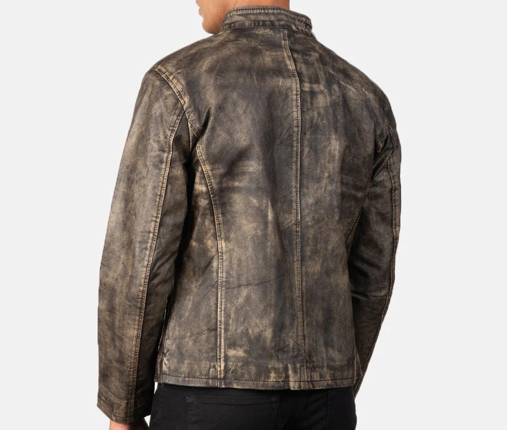 Men's Motorcycle Distressed Brown Leather Jacket - Genuine Lambskin Leather Cafe Racer Jacket - Casual Biker Jacket